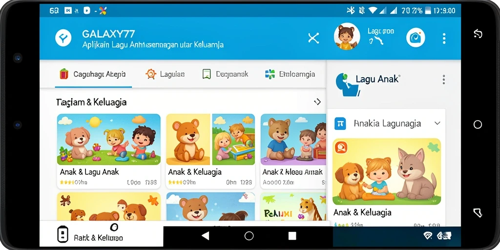 Tampilan antarmuka GALAXY77 yang ceria dan ramah anak.
